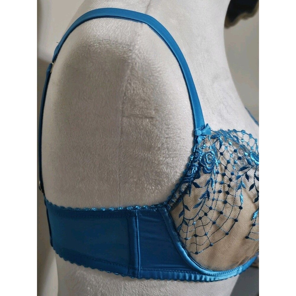 Dita Von Teese Julie's Roses Underwire Bra Blue Turquoise Sheer Floral Lace 34DD - Picture 4 of 12
